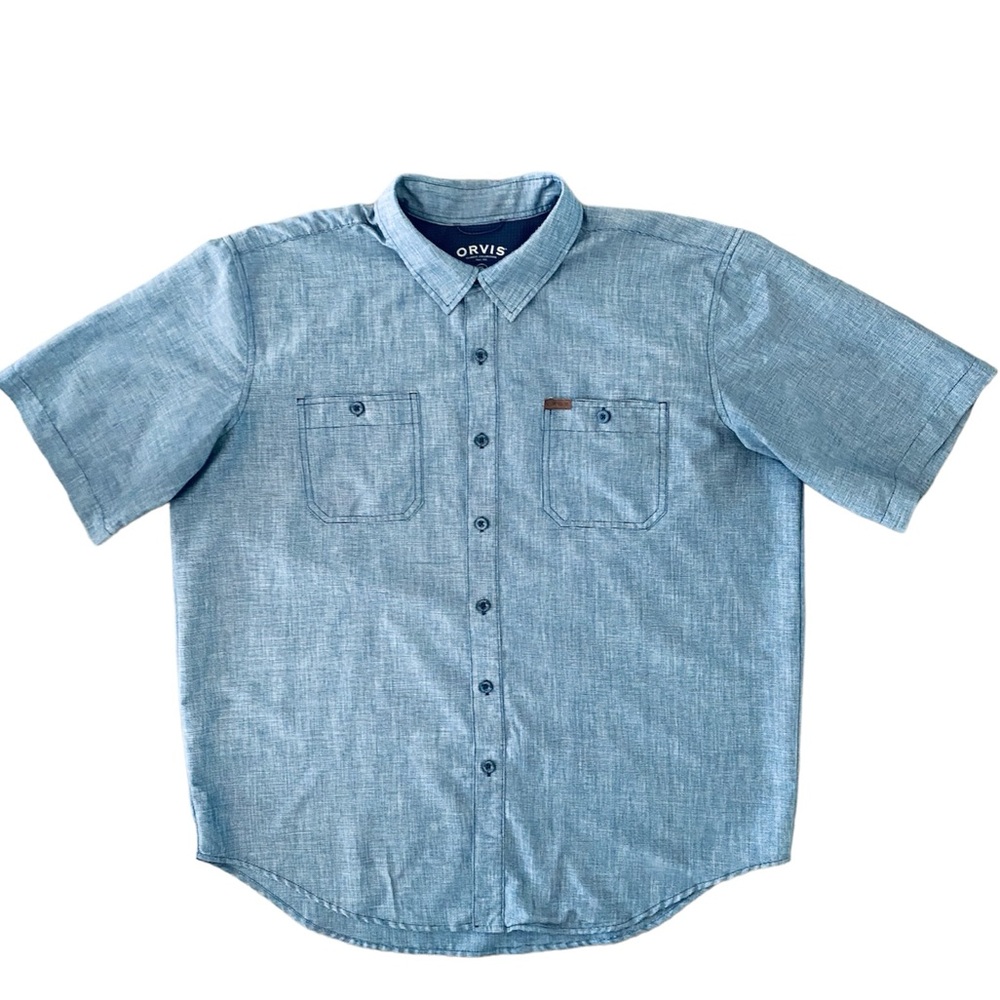 Orvis Mens XL Short Sleeve Outdoor Fishing Shirt Blue Leather Tab Pocket Vented